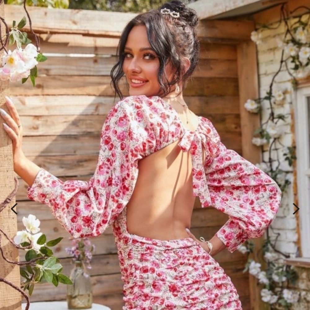 Nasty Gal Floral Ruched Mini Dress Backless Balloon Sleeve Tie Back NWT 0